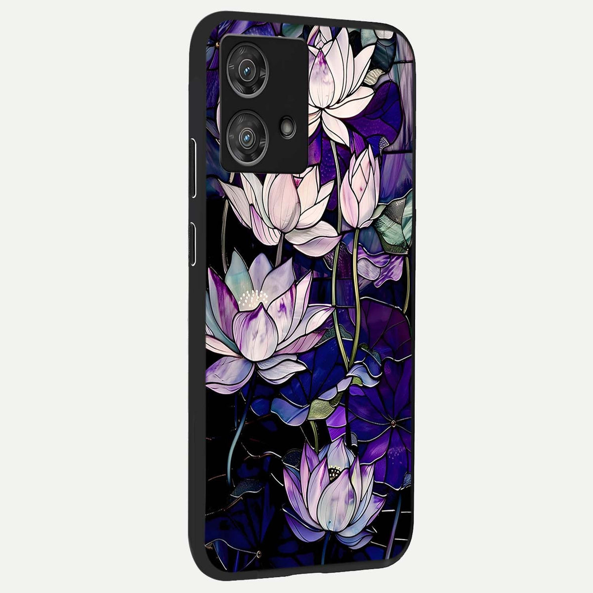 Purple Lotus Pattern back cover For Moto Edge 40 Neo slim fit glass case with vibrant aesthetic design