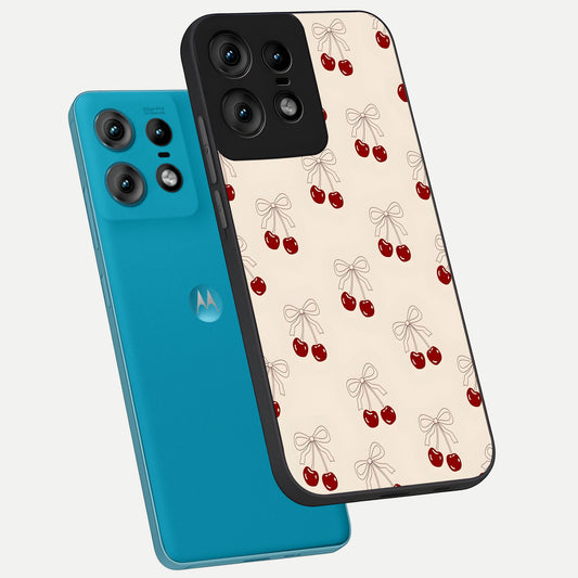 Cute Cherry Pattern phone case For Moto Edge50 Pro showing premium glass back cover with detailed artwork