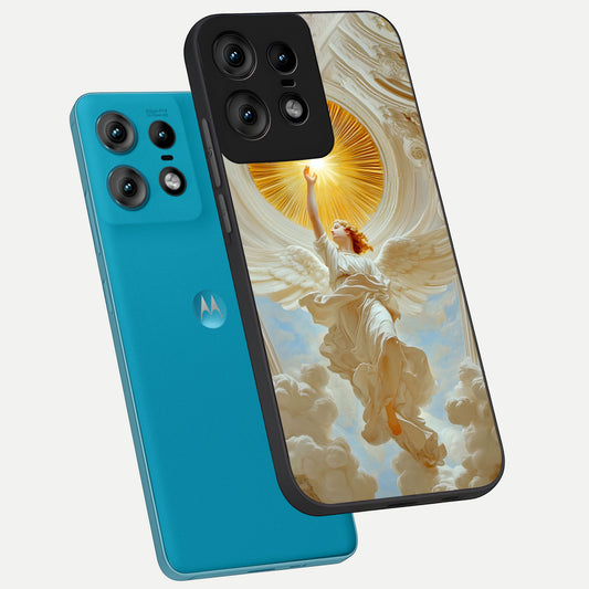 Divine Light Angel phone case For Moto Edge50 Pro showing premium glass back cover with detailed artwork
