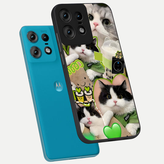 Matcha Cats Mood phone case For Moto Edge50 Pro showing premium glass back cover with detailed artwork