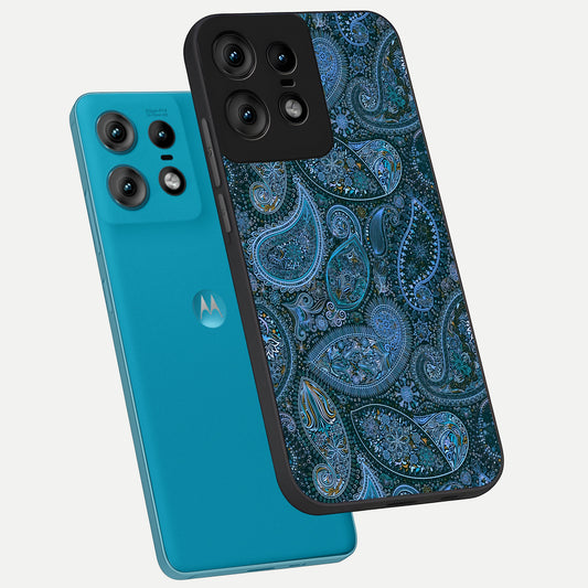 Midnight Paisley Glow phone case For Moto Edge50 Pro showing premium glass back cover with detailed artwork