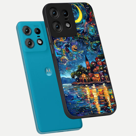 Moonlight Harbor Glow phone case For Moto Edge50 Pro showing premium glass back cover with detailed artwork