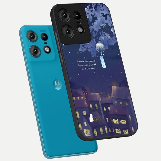 Moonlit Cat Silence phone case For Moto Edge50 Pro showing premium glass back cover with detailed artwork