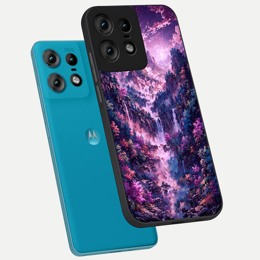 Mystic Cascade Peaks phone case For Moto Edge50 Pro showing premium glass back cover with detailed artwork