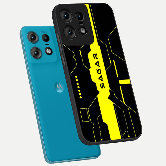Neon CYBERPUNK Custom Name phone case For Moto Edge50 Pro showing premium glass back cover with detailed artwork