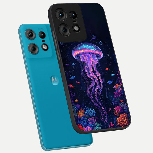 Neon Jellyfish phone case For Moto Edge50 Pro showing premium glass back cover with detailed artwork