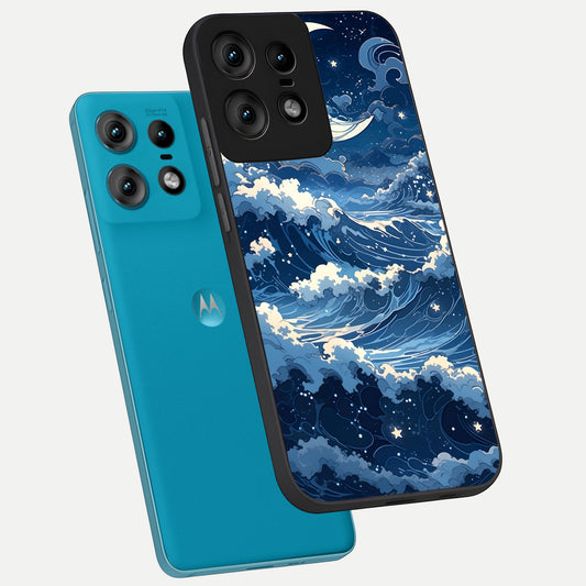 Ocean Moon Waves phone case For Moto Edge50 Pro showing premium glass back cover with detailed artwork