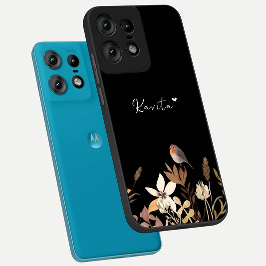 Quiet Garden Tune Custom Name phone case For Moto Edge50 Pro showing premium glass back cover with detailed artwork