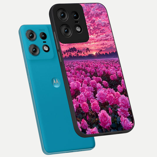 Rose Sunset Valley phone case For Moto Edge50 Pro showing premium glass back cover with detailed artwork