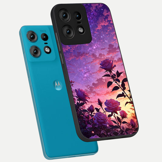 Starlit Rose Twilight phone case For Moto Edge50 Pro showing premium glass back cover with detailed artwork