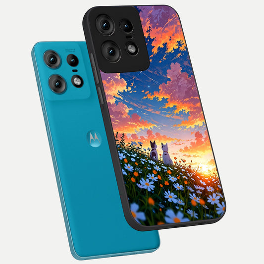 Two Cats Friends phone case For Moto Edge50 Pro showing premium glass back cover with detailed artwork
