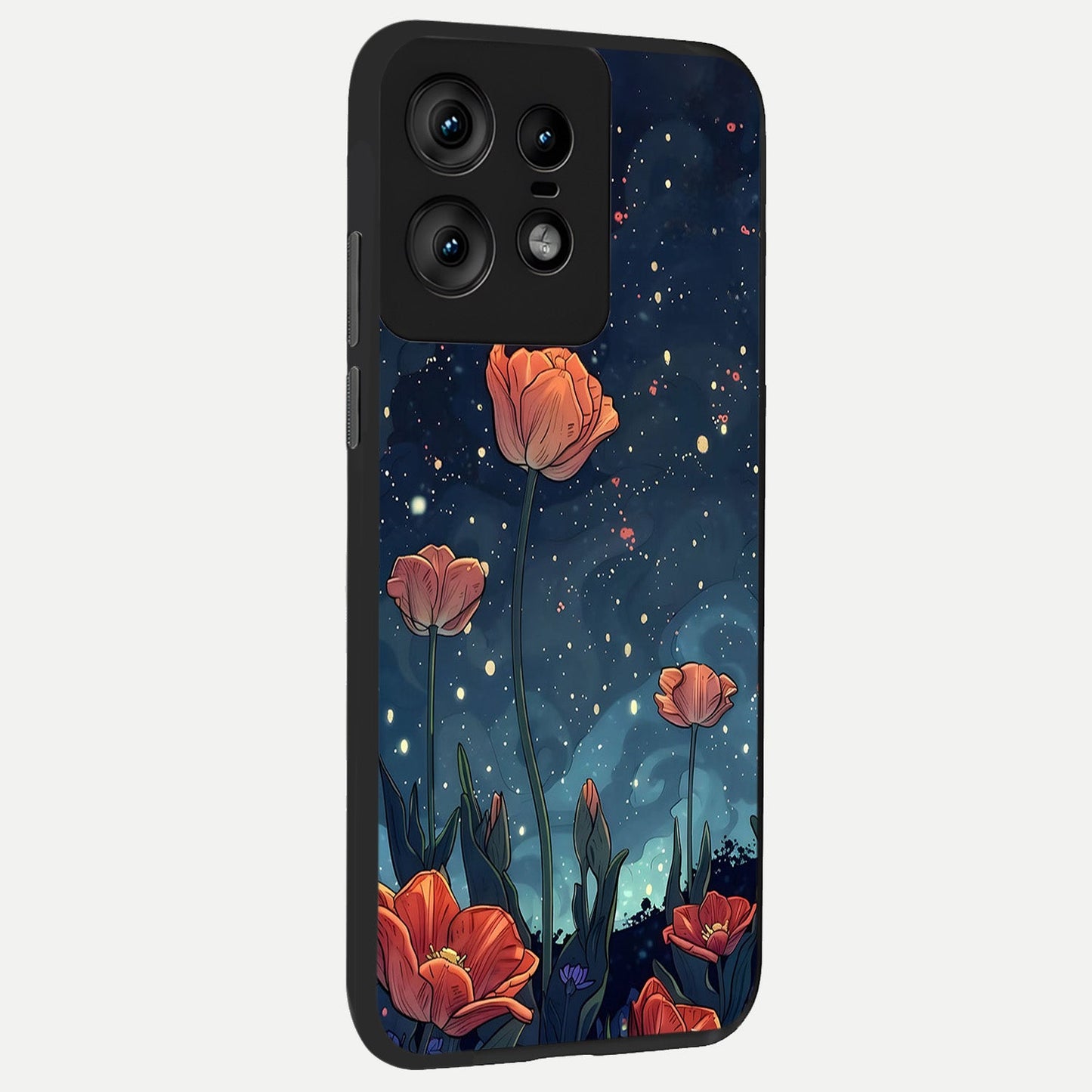 Midnight Tulip Glow back cover For Moto Edge50 Pro slim fit glass case with vibrant aesthetic design