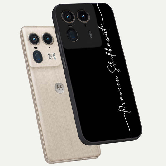 Black Tune Custom Name phone case For Moto Edge 50 Ultra showing premium glass back cover with detailed artwork