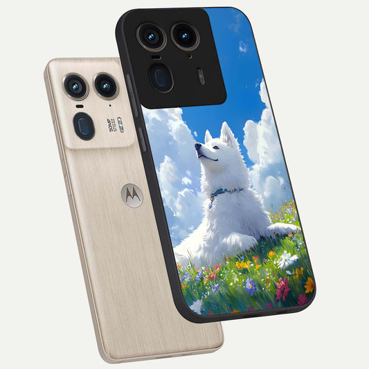 Blissful Cloud Pup phone case For Moto Edge 50 Ultra showing premium glass back cover with detailed artwork