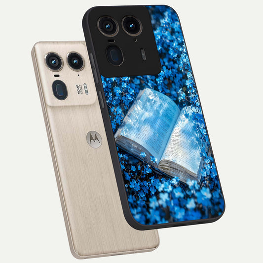 Blue Bloom Tales phone case For Moto Edge 50 Ultra showing premium glass back cover with detailed artwork