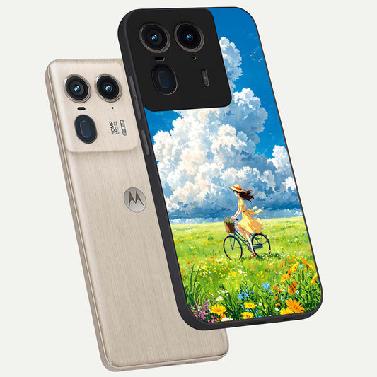 Breezy Meadow Ride phone case For Moto Edge 50 Ultra showing premium glass back cover with detailed artwork