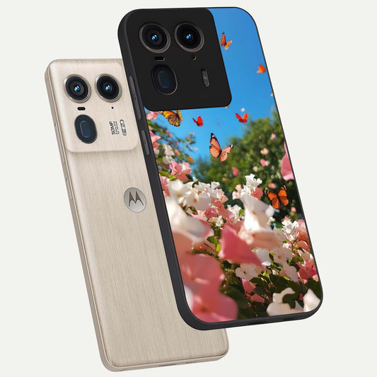 Butterflies In Bloom Sky phone case For Moto Edge 50 Ultra showing premium glass back cover with detailed artwork