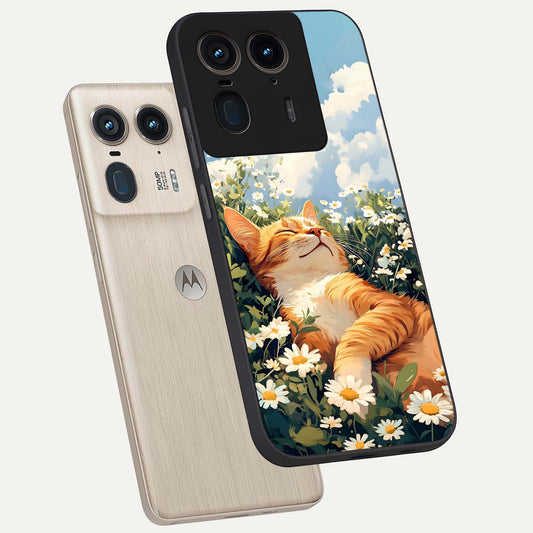 Cat And Flowers View phone case For Moto Edge 50 Ultra showing premium glass back cover with detailed artwork