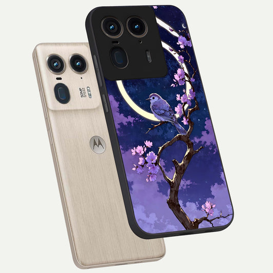 Celestial Bird Blossom phone case For Moto Edge 50 Ultra showing premium glass back cover with detailed artwork