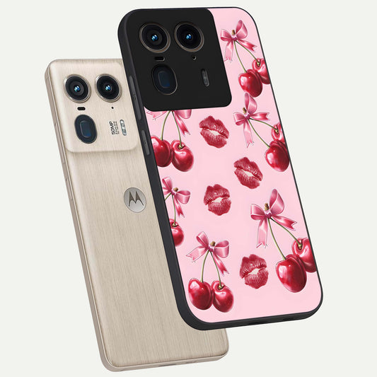 Cherry With Lips phone case For Moto Edge 50 Ultra showing premium glass back cover with detailed artwork