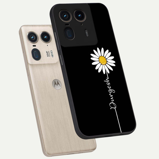 Custom Name White Flower phone case For Moto Edge 50 Ultra showing premium glass back cover with detailed artwork