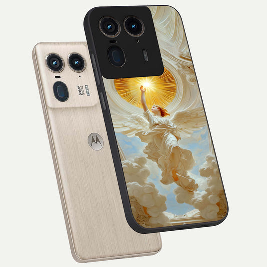 Divine Light Angel phone case For Moto Edge 50 Ultra showing premium glass back cover with detailed artwork