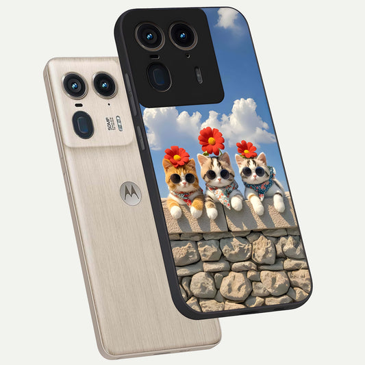 Floral Kitty Squad phone case For Moto Edge 50 Ultra showing premium glass back cover with detailed artwork