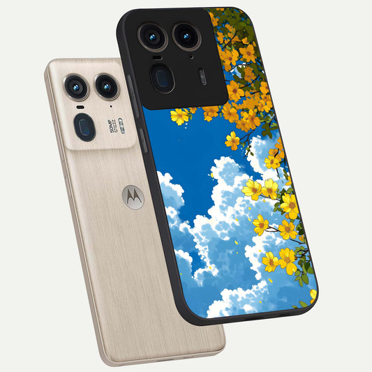 Golden Petal Sky phone case For Moto Edge 50 Ultra showing premium glass back cover with detailed artwork