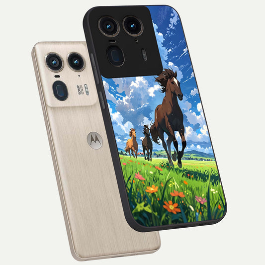 Majestic Horses Galloping phone case For Moto Edge 50 Ultra showing premium glass back cover with detailed artwork