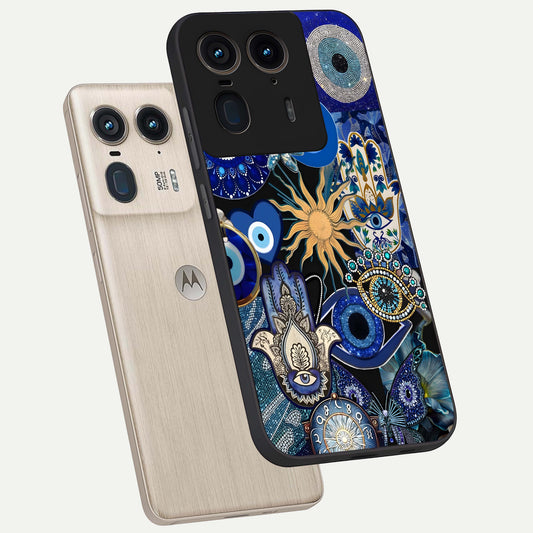 Mystic Blue Evil Eye phone case For Moto Edge 50 Ultra showing premium glass back cover with detailed artwork