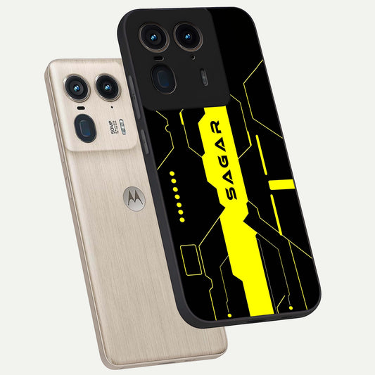 Neon CYBERPUNK Custom Name phone case For Moto Edge 50 Ultra showing premium glass back cover with detailed artwork
