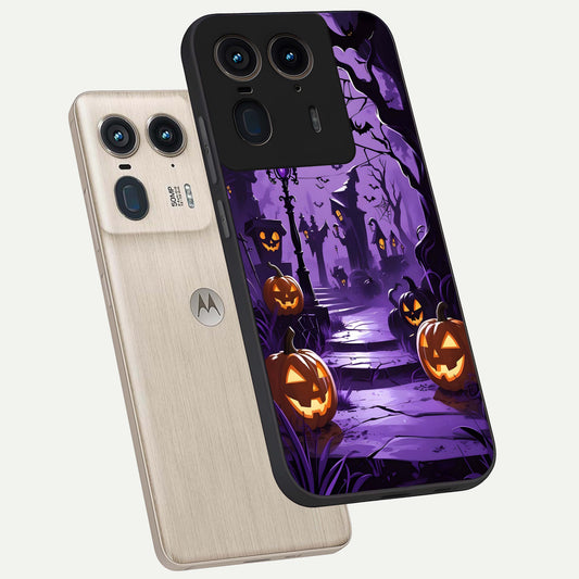 Pumpkin Patch Halloween phone case For Moto Edge 50 Ultra showing premium glass back cover with detailed artwork