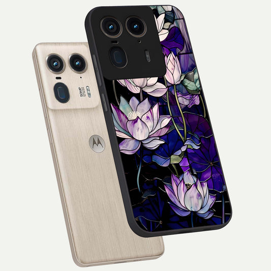 Purple Lotus Pattern phone case For Moto Edge 50 Ultra showing premium glass back cover with detailed artwork
