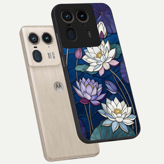 Purple Lotus Stained phone case For Moto Edge 50 Ultra showing premium glass back cover with detailed artwork
