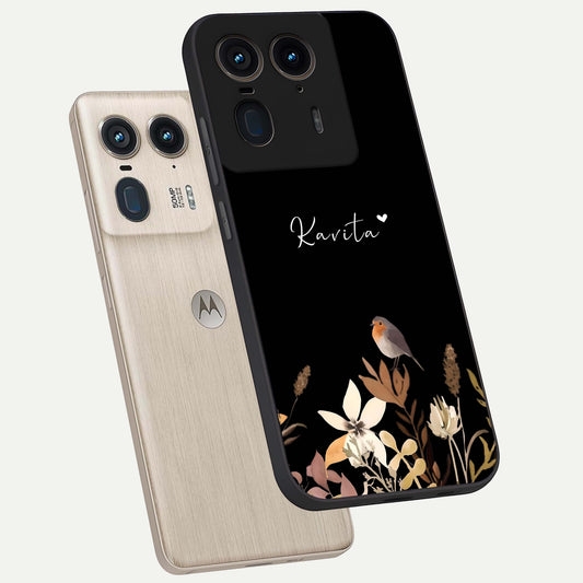 Quiet Garden Tune Custom Name phone case For Moto Edge 50 Ultra showing premium glass back cover with detailed artwork