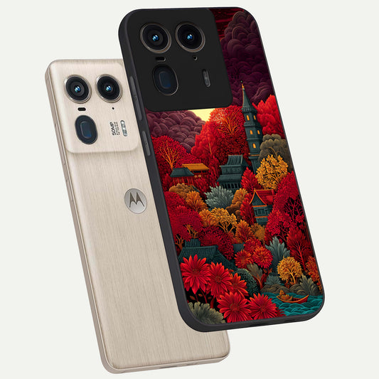 Scarlet Autumn Temple phone case For Moto Edge 50 Ultra showing premium glass back cover with detailed artwork