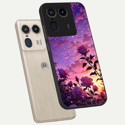 Starlit Rose Twilight phone case For Moto Edge 50 Ultra showing premium glass back cover with detailed artwork