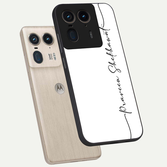White Tune Custom Name phone case For Moto Edge 50 Ultra showing premium custom name glass back cover