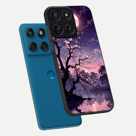 Blossom Pink Moon phone case For Moto Edge 60 showing premium glass back cover with detailed artwork