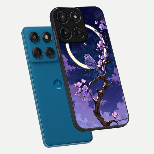 Celestial Bird Blossom phone case For Moto Edge 60 showing premium glass back cover with detailed artwork