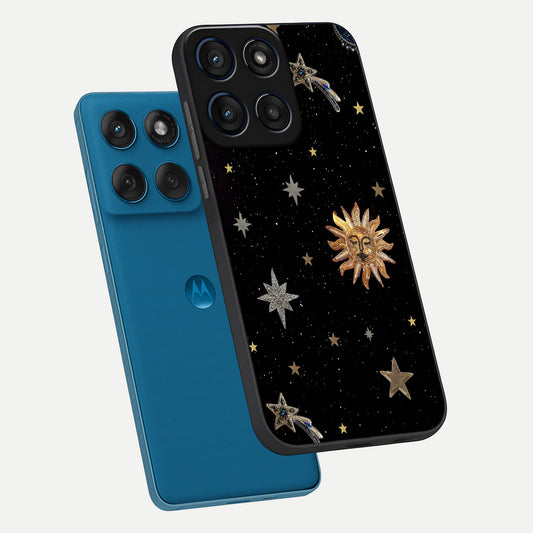 Celestial Moon With Stars phone case For Moto Edge 60 showing premium glass back cover with detailed artwork