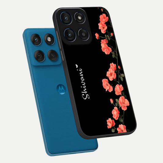 Crimson Bloom Grace Custom Name phone case For Moto Edge 60 showing premium glass back cover with detailed artwork