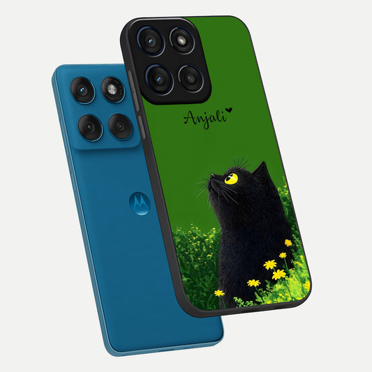 Emerald Cat Custom Name phone case For Moto Edge 60 showing premium glass back cover with detailed artwork