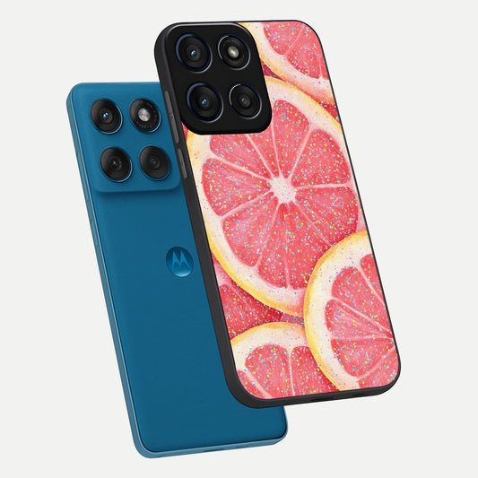 Glitter Grapefruit phone case For Moto Edge 60 showing premium glass back cover with detailed artwork