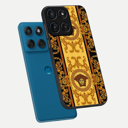 Golden Royal Heritage phone case For Moto Edge 60 showing premium glass back cover with detailed artwork