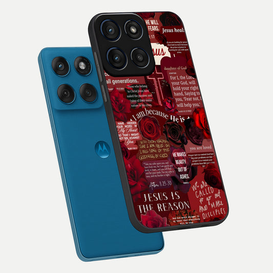 Jesus Love Heals phone case For Moto Edge 60 showing premium glass back cover with detailed artwork
