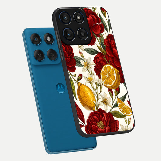 Lemon Rose Charm phone case For Moto Edge 60 showing premium glass back cover with detailed artwork