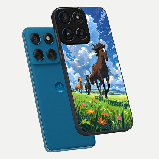 Majestic Horses Galloping phone case For Moto Edge 60 showing premium glass back cover with detailed artwork