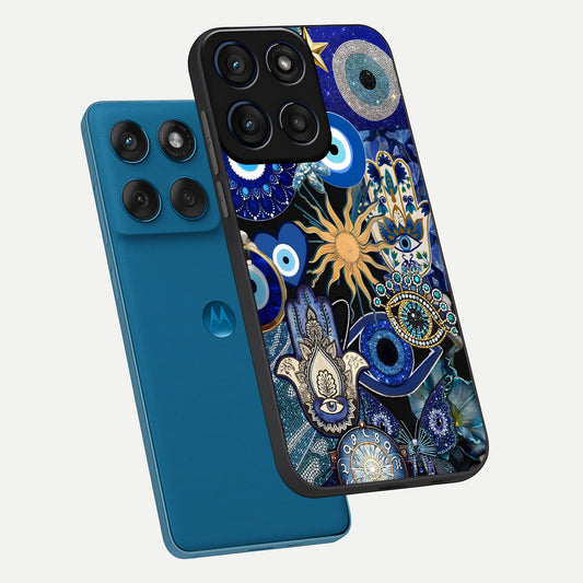 Mystic Blue Evil Eye phone case For Moto Edge 60 showing premium glass back cover with detailed artwork