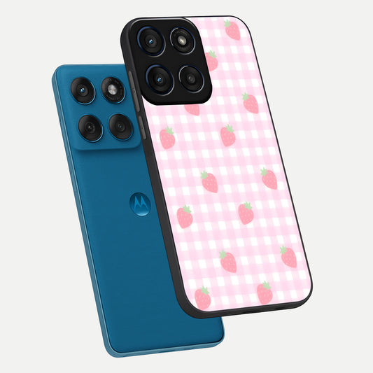 Strawberry Picnic Love phone case For Moto Edge 60 showing premium glass back cover with detailed artwork